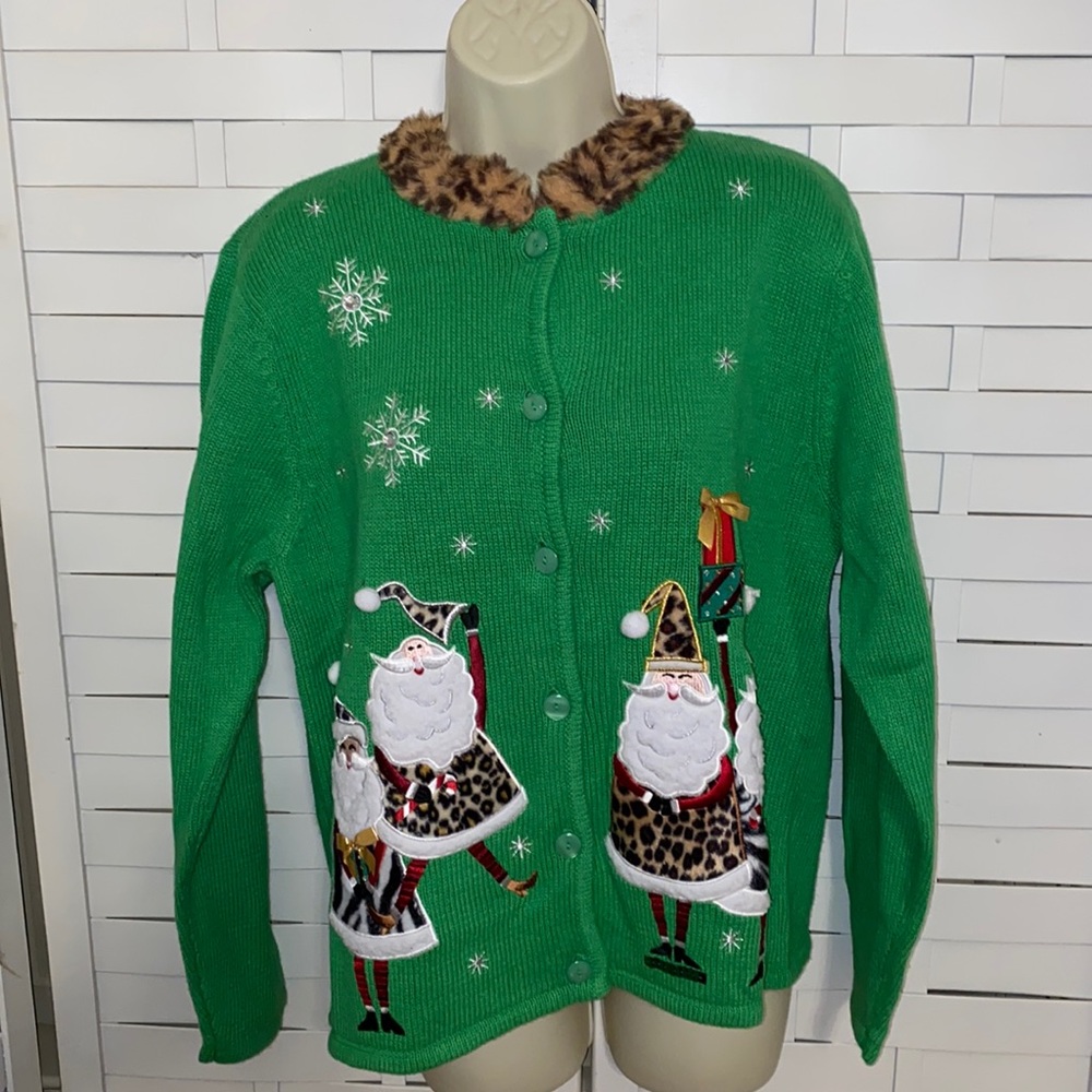 Vintage Crystal Kobe Green Christmas Cardigan Sweater Santa Faux Fur Collar NEW!